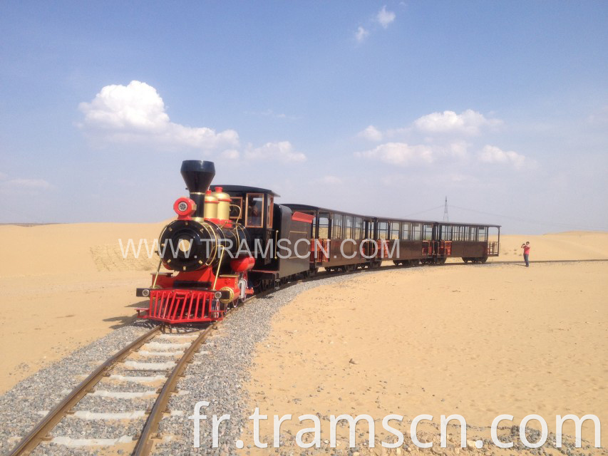sightseeing train in desert blue sky open style car